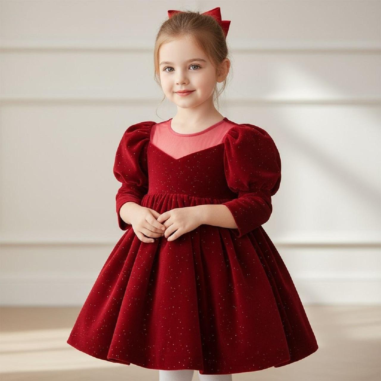 مدل لباس شب یلدا بچه گانه دخترانه قرمز مخمل توری