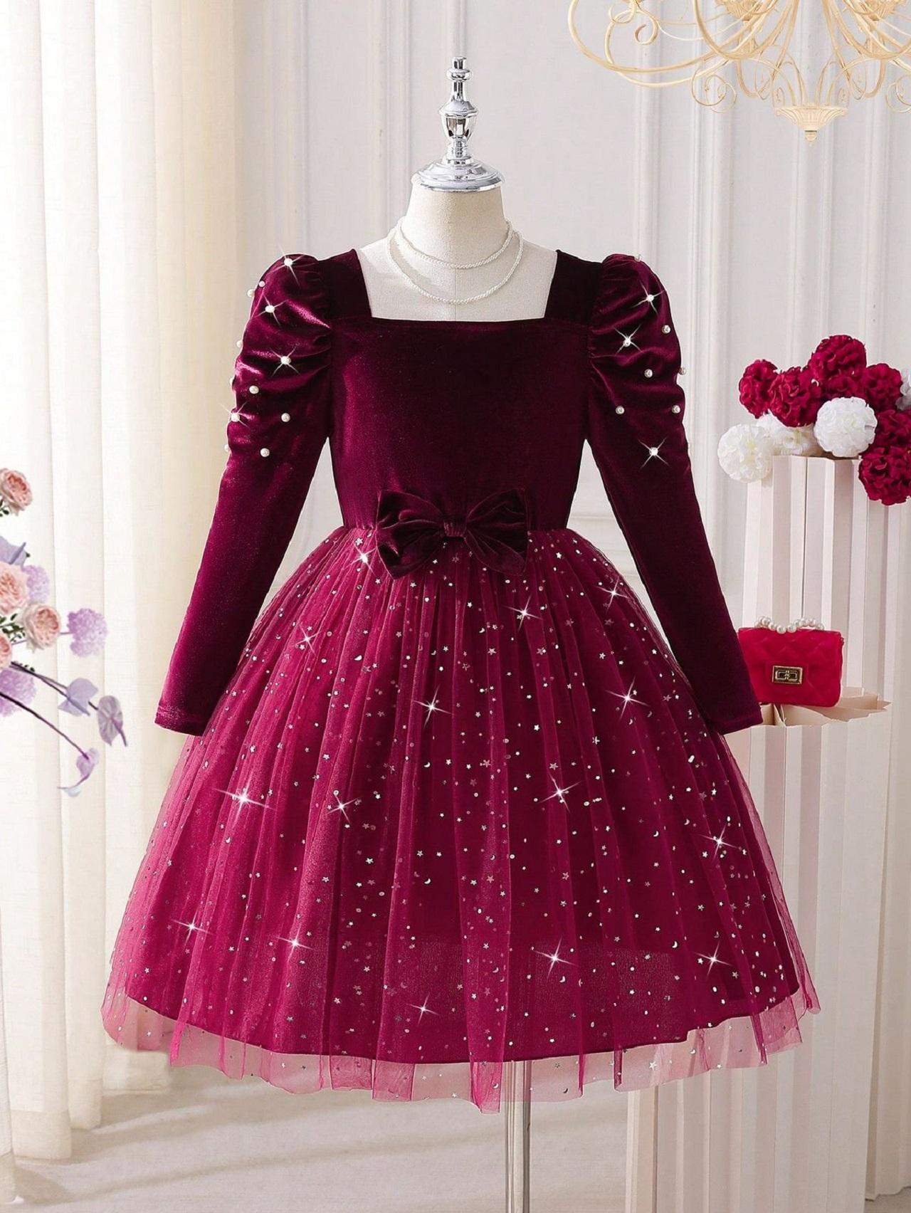 مدل لباس شب یلدا بچه گانه دخترانه قرمز مخمل توری 3