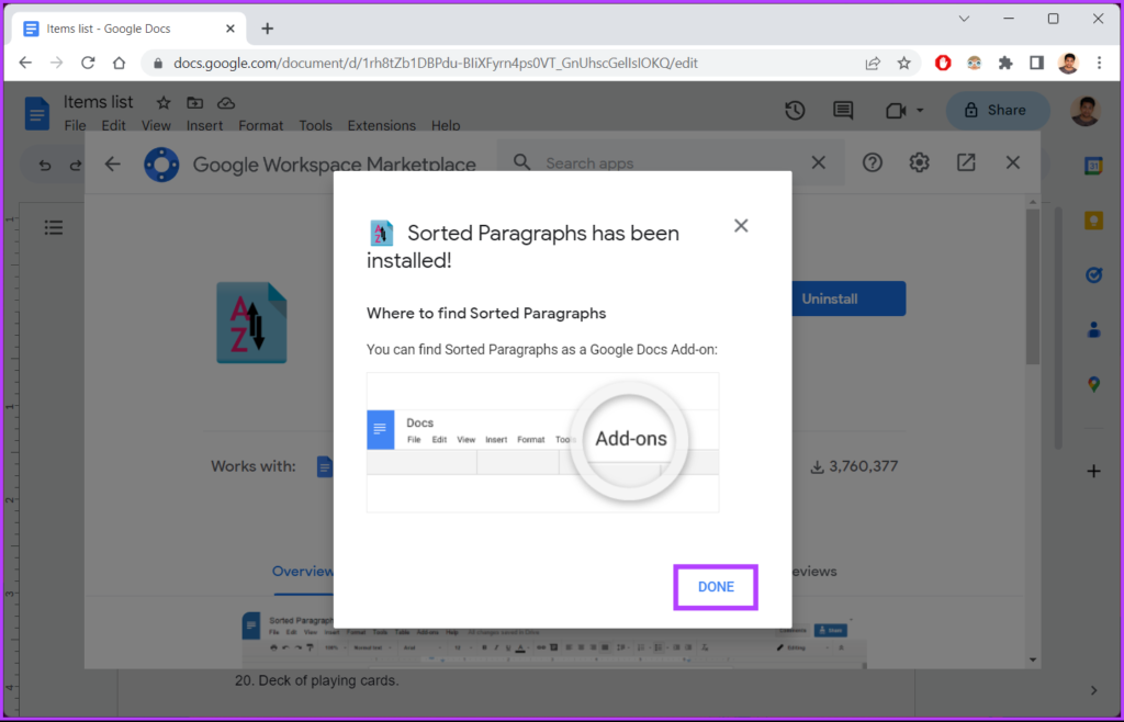 نحوه نصب افزونه Sorted Paragraph در Google Docs10