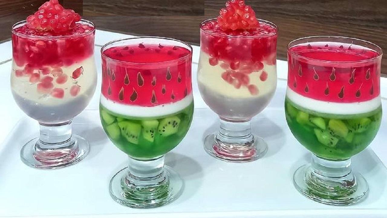 مدل ژله لیوانی سه رنگ برای شب یلدا انار و هندوانه