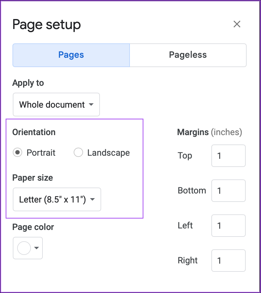 روش تغییر حاشیه در گوگل داکس با استفاده از تنظیمات صفحه (page setup) 7