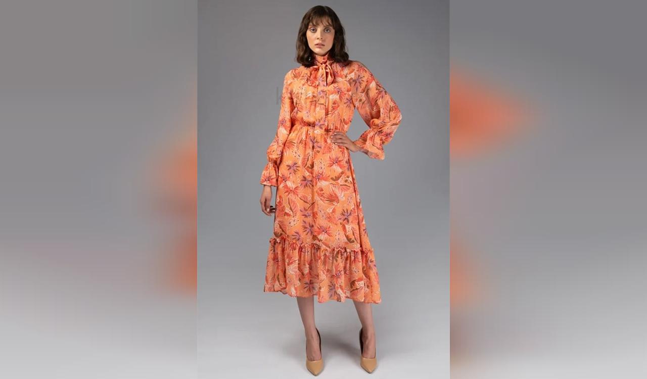 پیراهن بلند زنانه نارنجی گل گلی