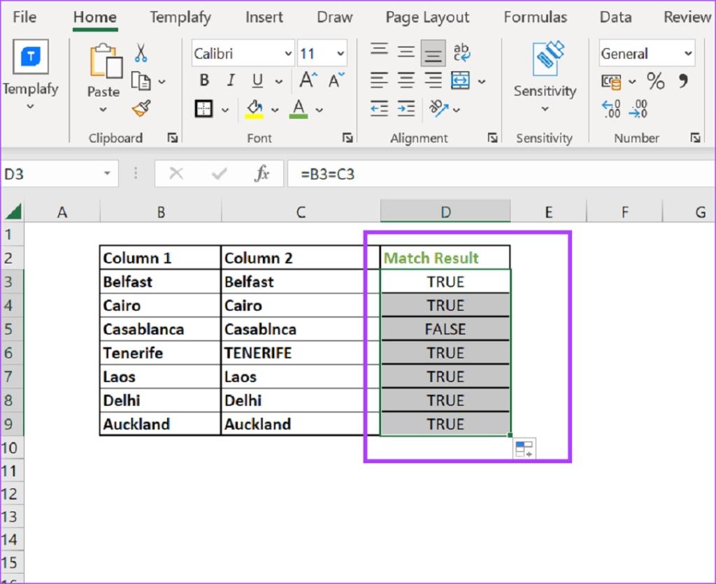 نحوه مقایسه ستون ها در اکسل برای مطابقت با استفاده از اپراتور EQUAL TO