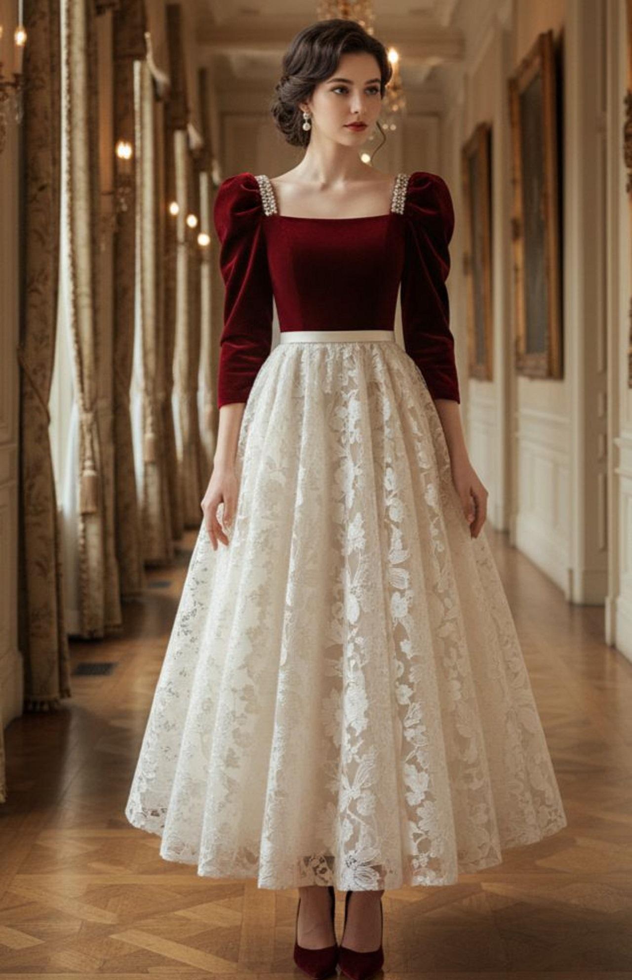 دامن پف دار قرمز و بالاتنه سفید