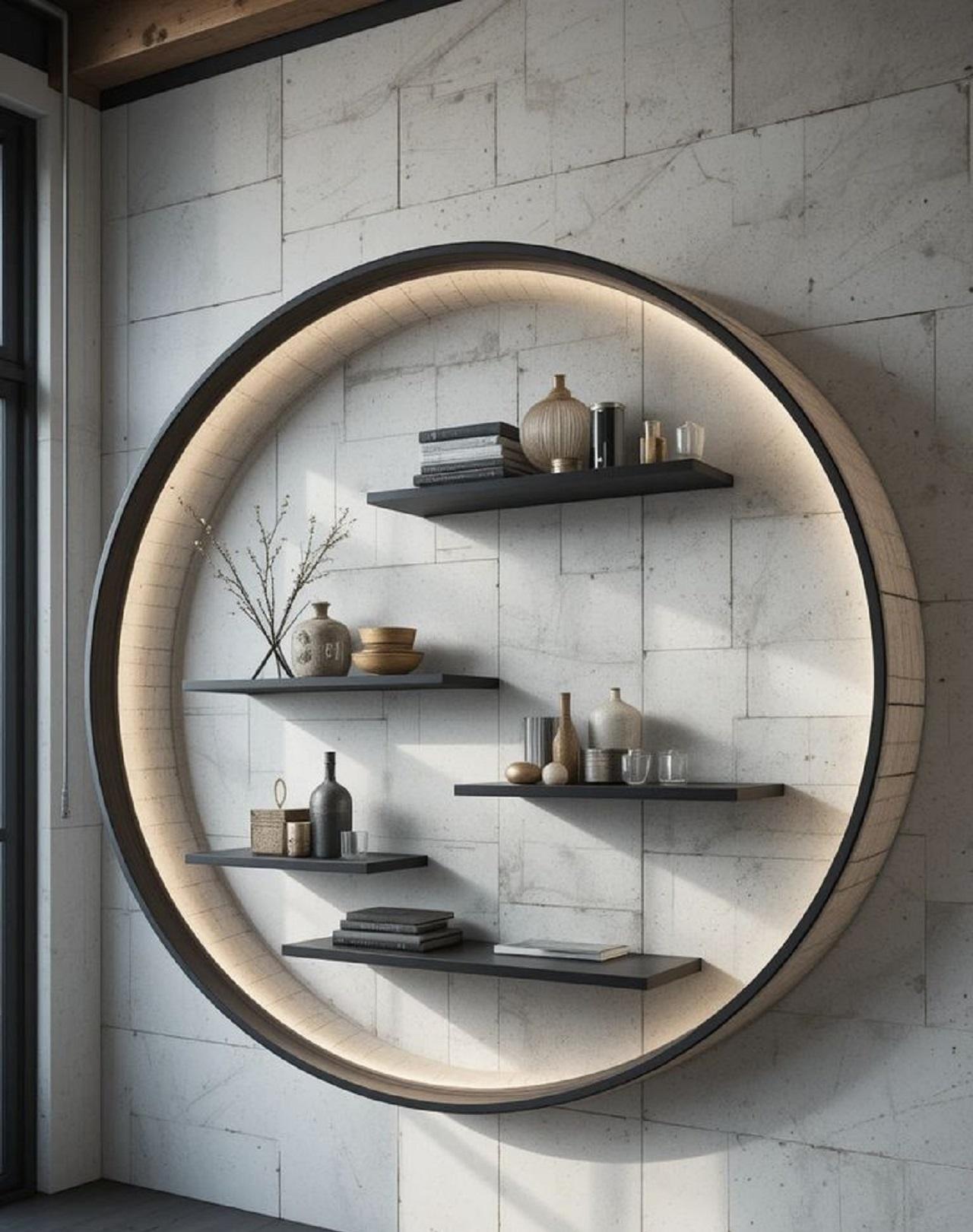 مدل شلف دیواری چوبی دایره ای و گرد 2
