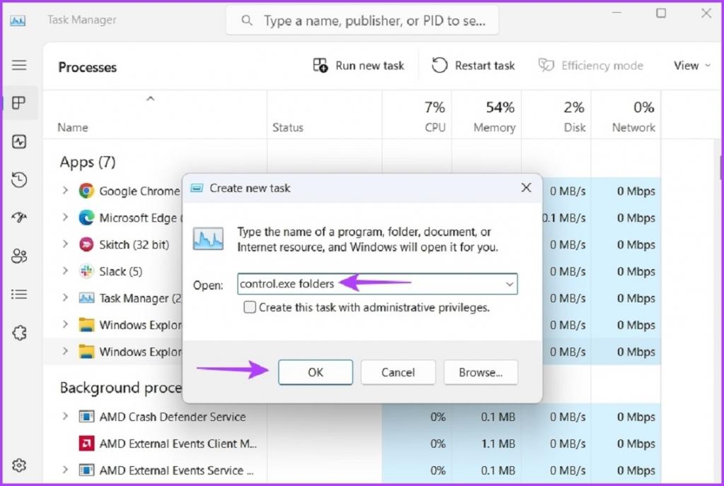 باز کردن Folder Options با استفاده از Task Manager