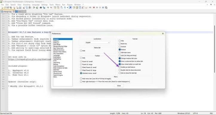 نحوه غیر فعال کردن قابلیت پین کردن برگه در Notepad++ 3