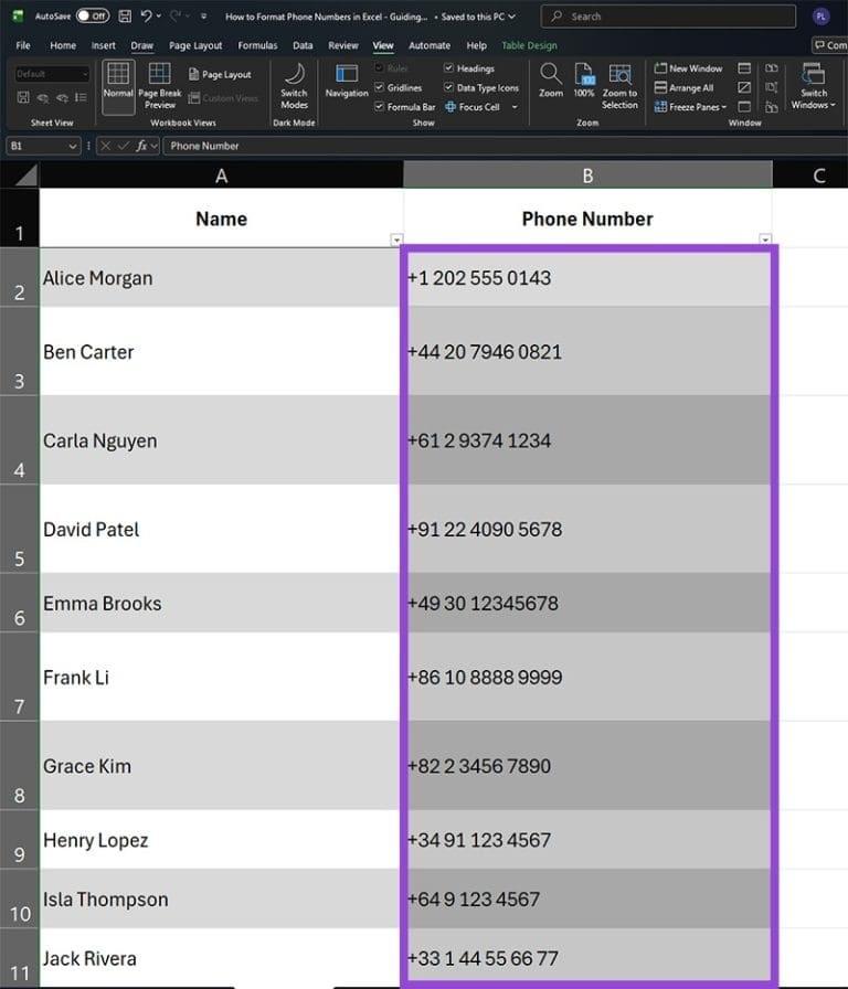 نحوه تنظیم شماره تماس در اکسل 5