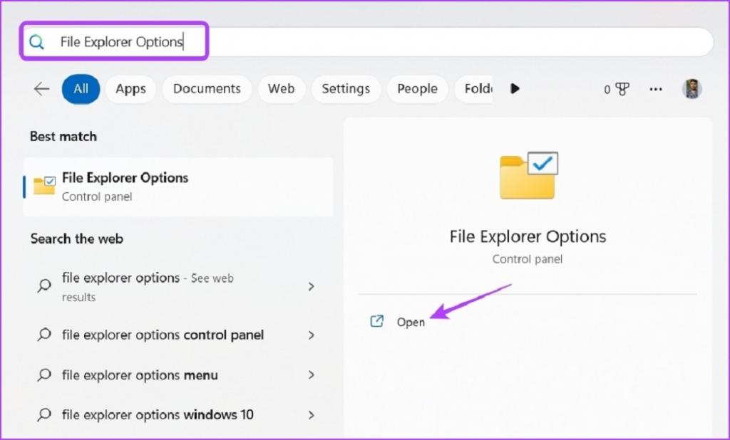باز کردن Folder Options با استفاده از جستجوی ویندوز