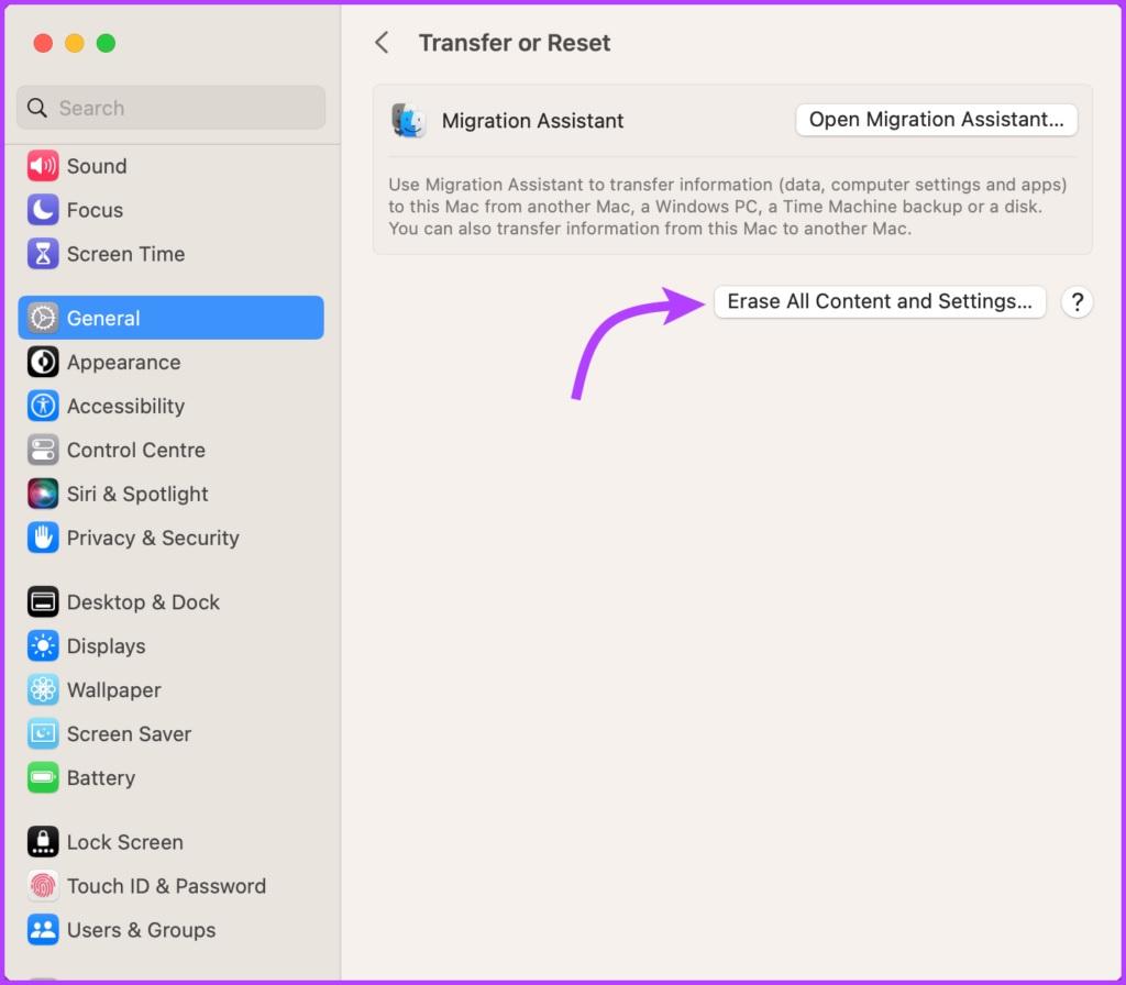 پاک کردن تمام محتوا و تنظیمات برای ریست فکتوری کردن مکدر macOS Ventura: