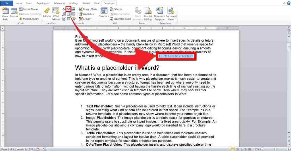 نحوه اضافه کردن placeholder در Word 5