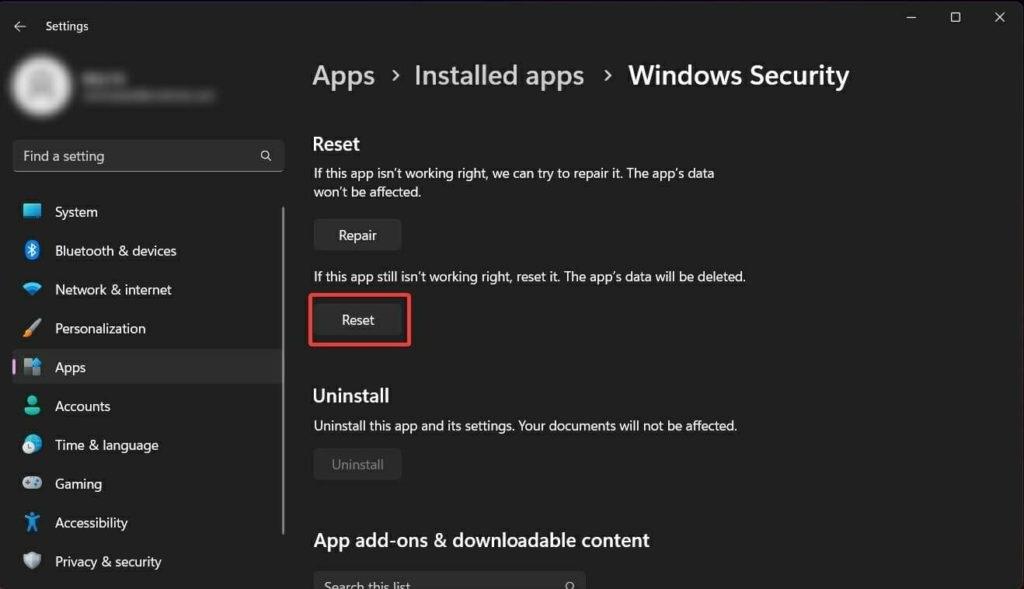 بازنشانی امنیت ویندوز (Windows Security) در ویندوز 11
