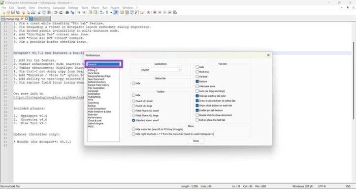 نحوه غیر فعال کردن قابلیت پین کردن برگه در Notepad++ 2