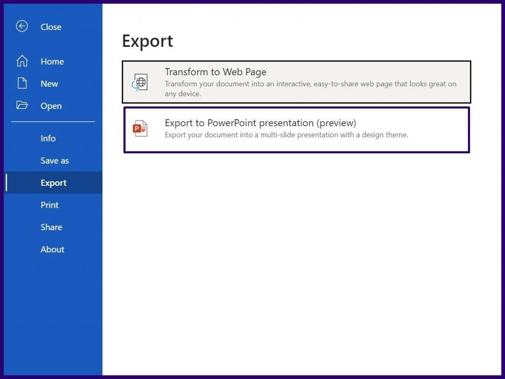 استفاده از گزینه Export to PowerPoint در ورد برای وب