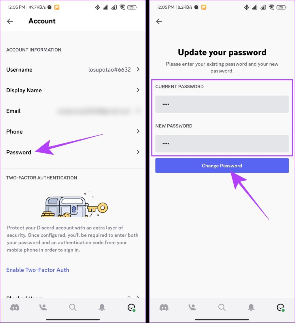 نحوه تغییر رمز عبور دیسکورد: در موبایل
