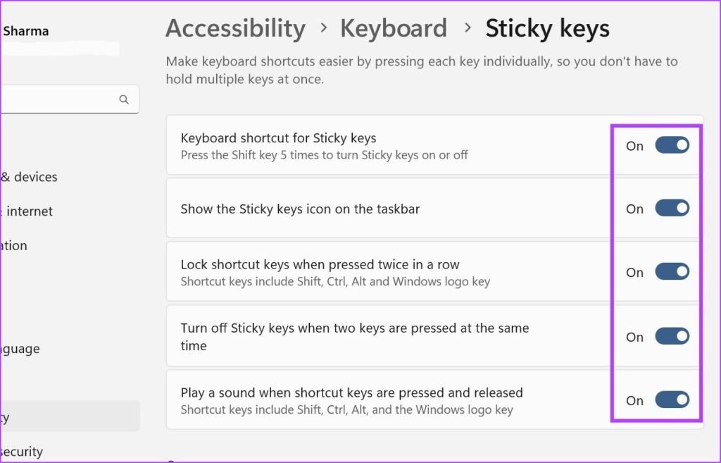 غیرفعال کردن کلیدهای چسبنده در ویندوز 11 با  استفاده از منوی تنظیمات