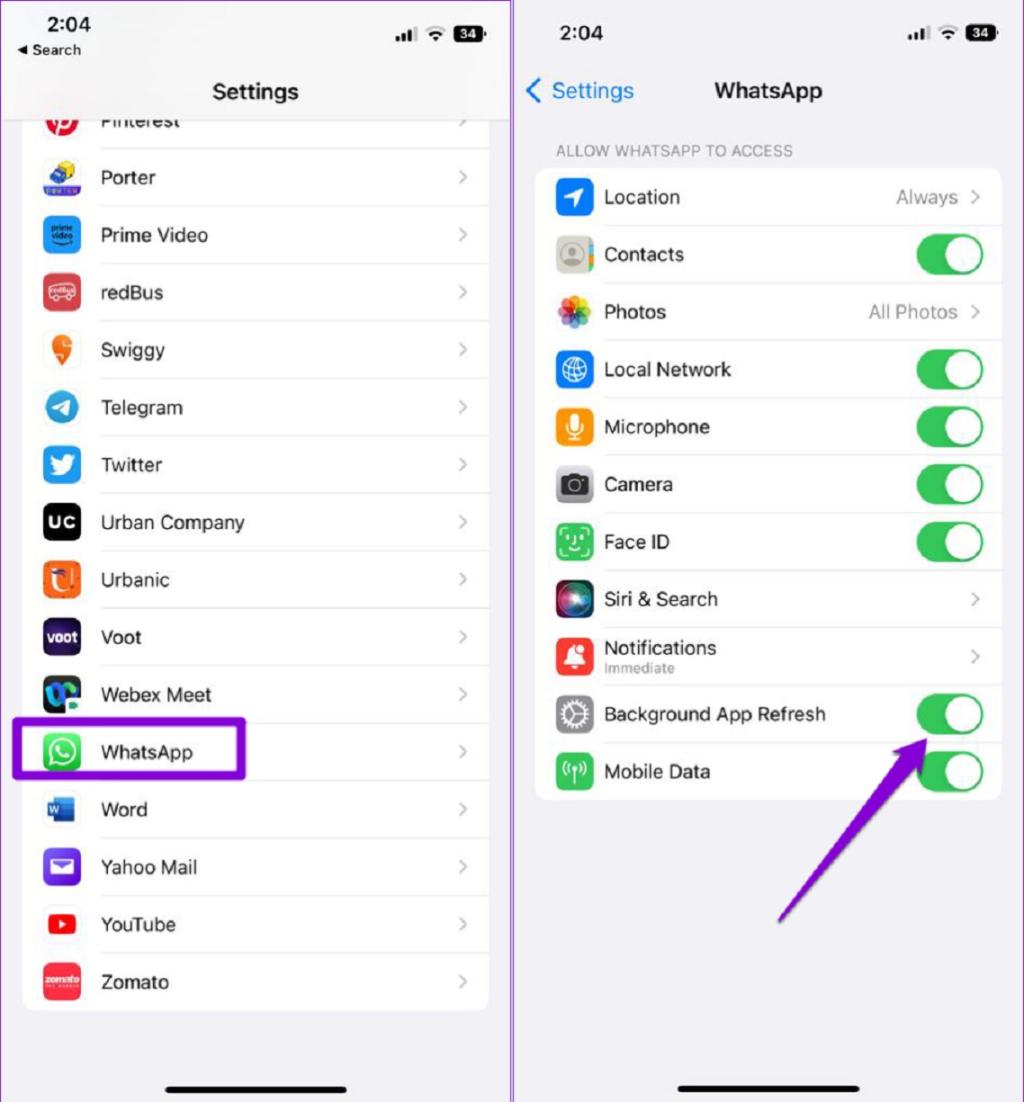 فعال کردن Background App Refresh برای واتساپ در آیفون