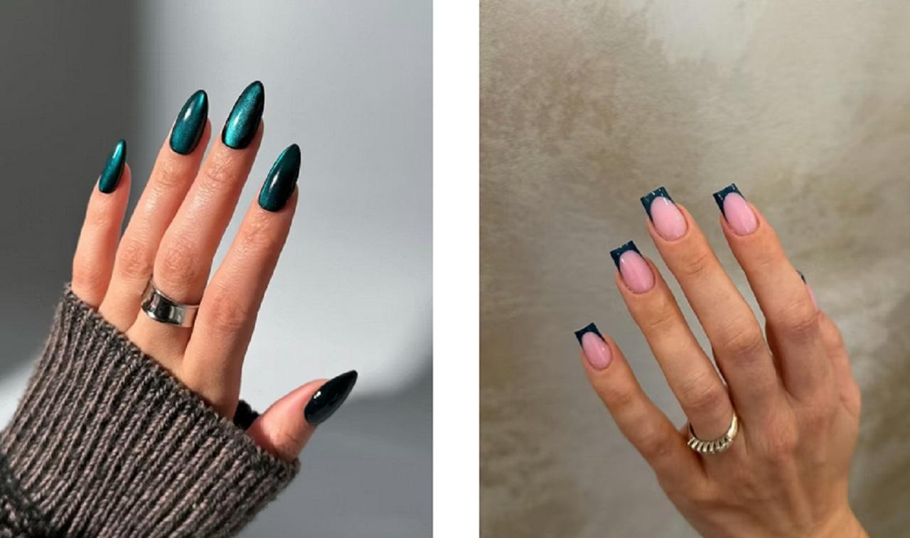 طرح ناخن زمستانی فیروزه ای تیره