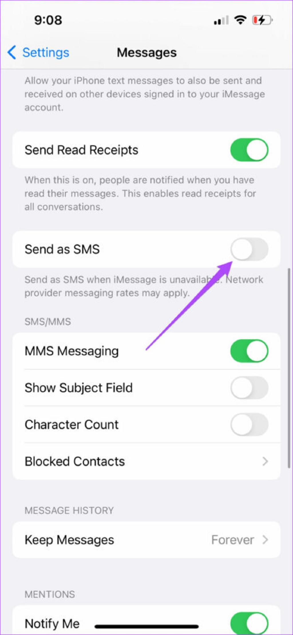 بررسی فعال بودن «Send As SMS»