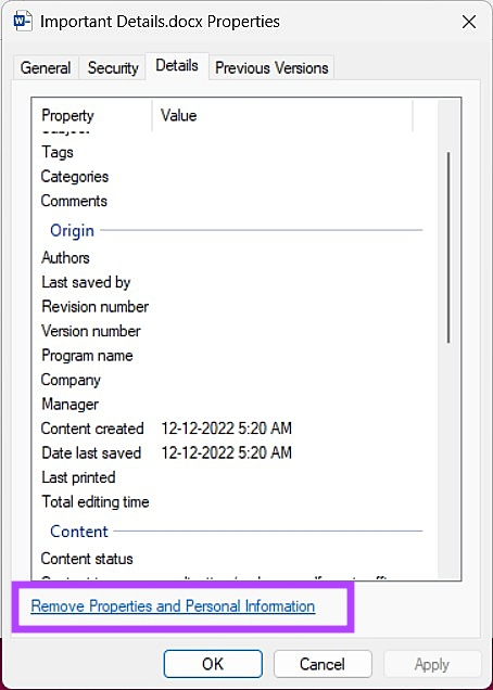 نحوه حذف متادیتای شخصی از فایل ها در ویندوز 5