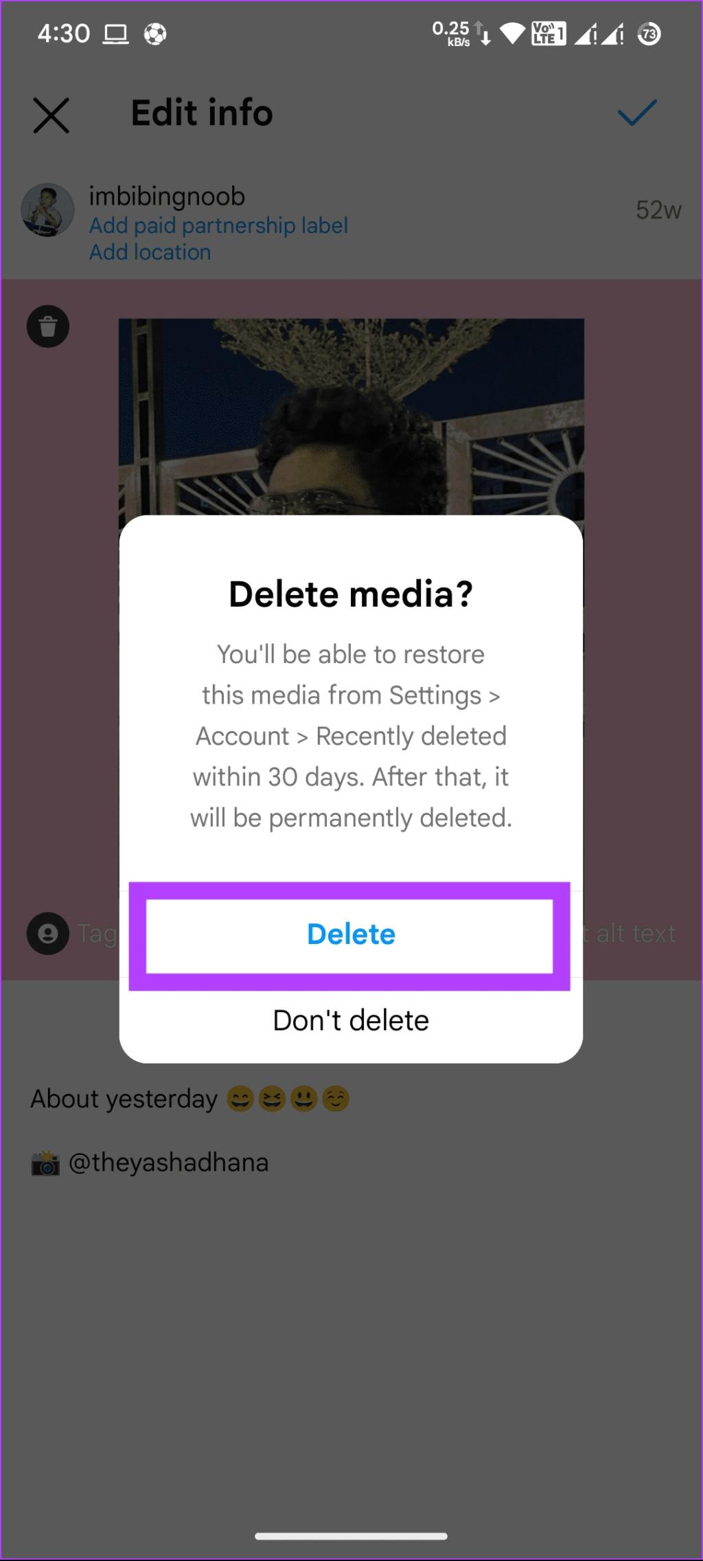 نحوه حذف یک عکس در پست کاروسل اینستاگرام از طریق گوشی 3 