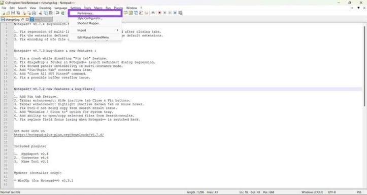 نحوه غیر فعال کردن قابلیت پین کردن برگه در Notepad++ 1