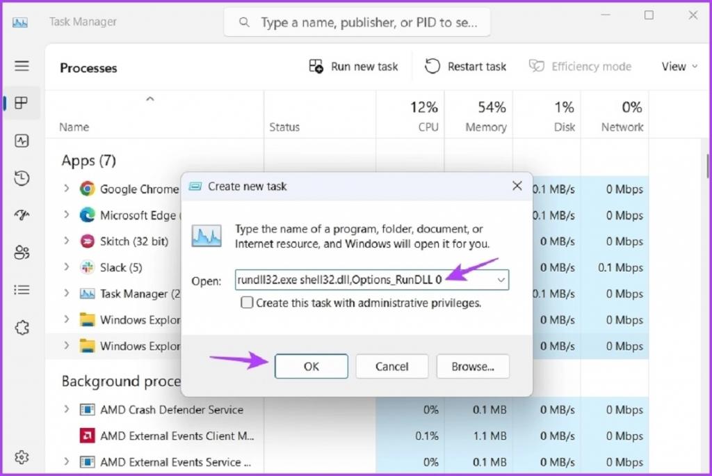 باز کردن Folder Options با استفاده از Task Manager