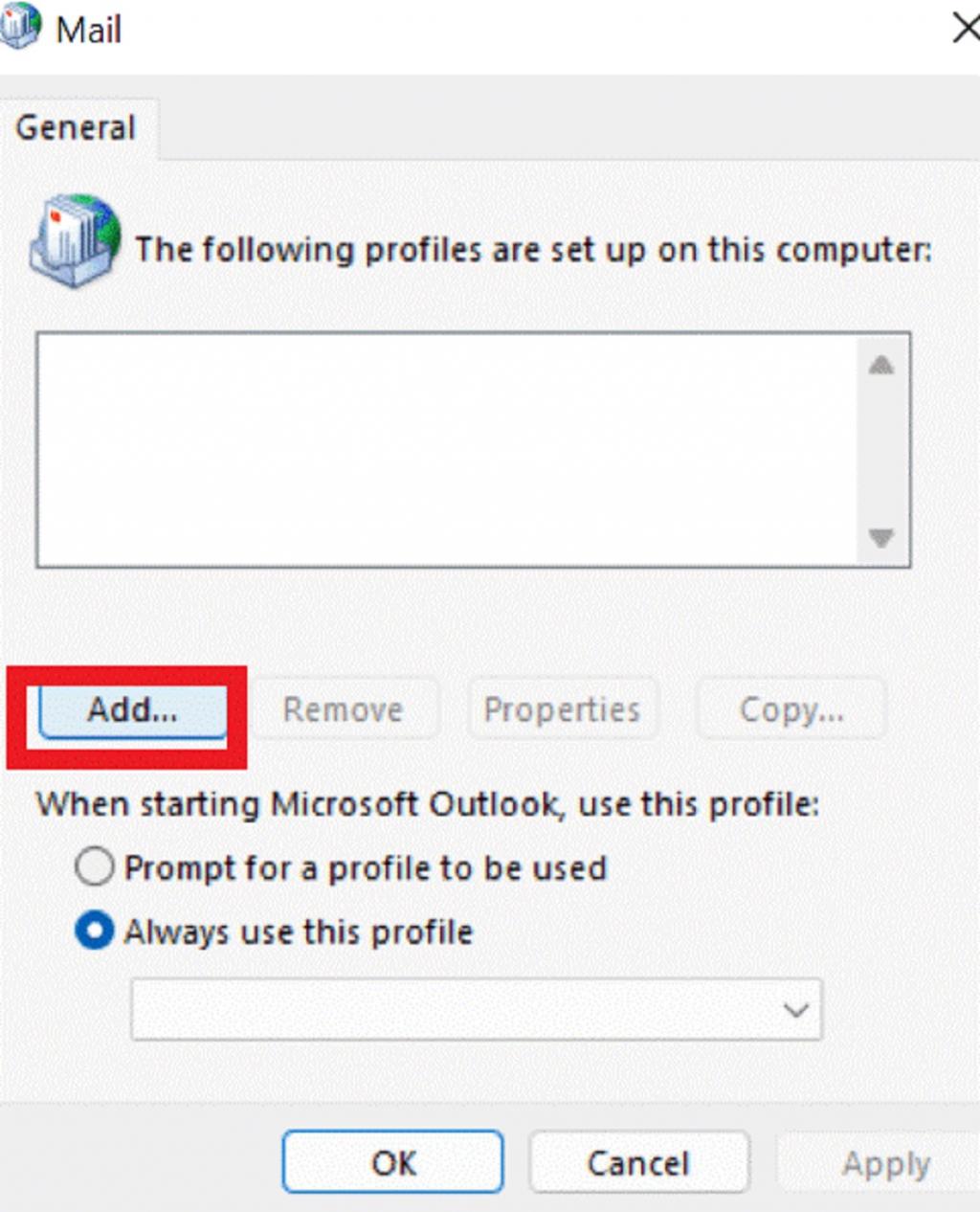 ایجاد پروفایل Outlook جدید