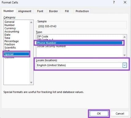 نحوه تنظیم شماره تماس در اکسل 3