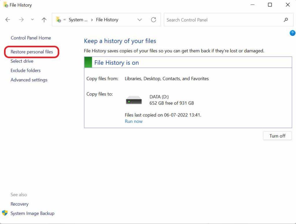  بازیابی فایل های از دست رفته با استفاده از windows backup file history4