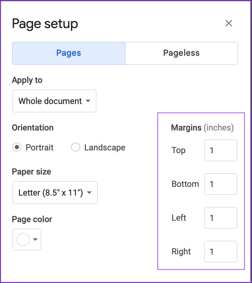روش تغییر حاشیه در گوگل داکس با استفاده از تنظیمات صفحه (page setup) 4