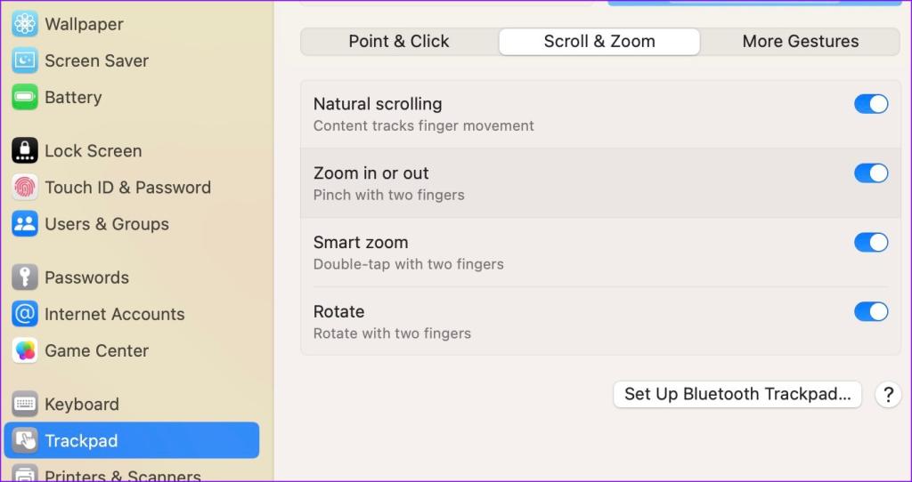  فعال سازی Trackpad Gestures برای پیمایش و زوم کردن 