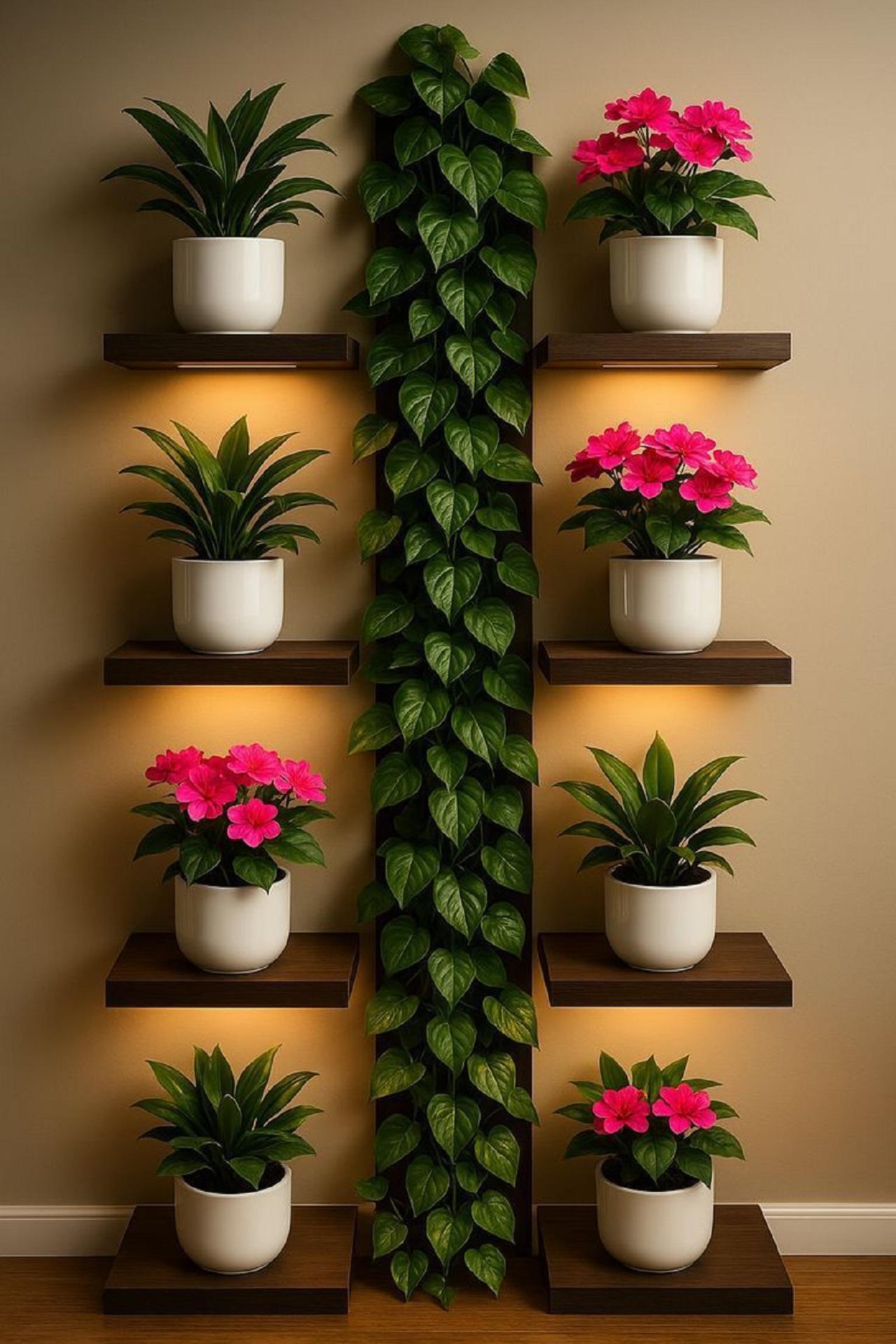 مدل شلف دیواری چوبی گلدان