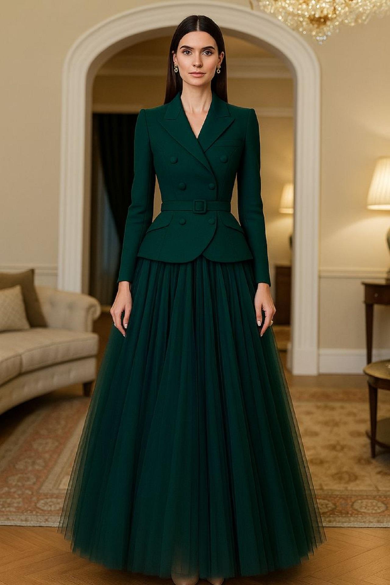 لباس یلدایی عروس کت و دامن توری شیک سبز رنگ