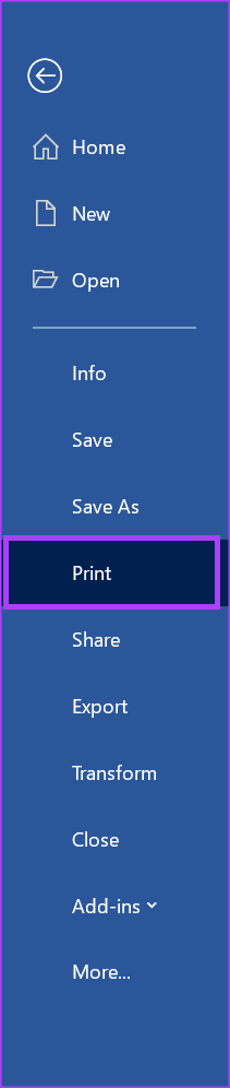 دسترسی به کادر گفتگوی تنظیم صفحه با استفاده از گزینه چاپ در منوی فایل ورد4