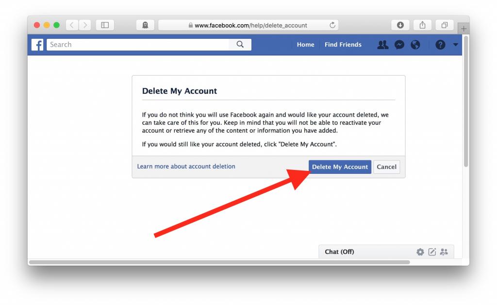 حذف دائمی اکانت فیسبوک