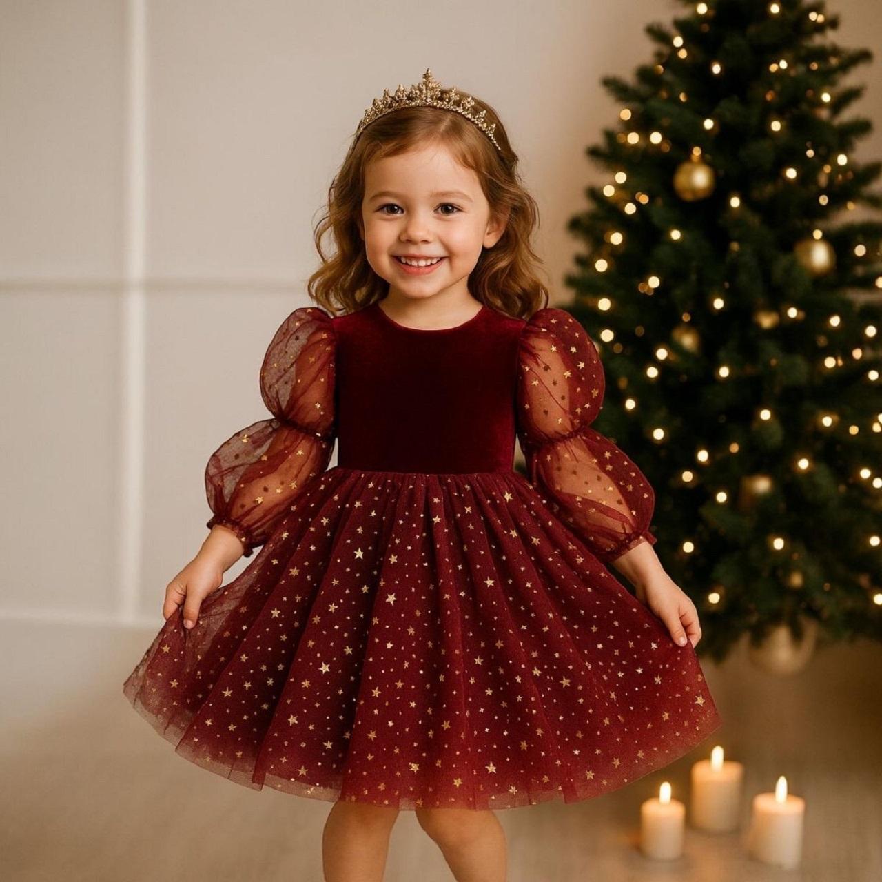 مدل لباس شب یلدا بچه گانه دخترانه قرمز مخمل توری 2