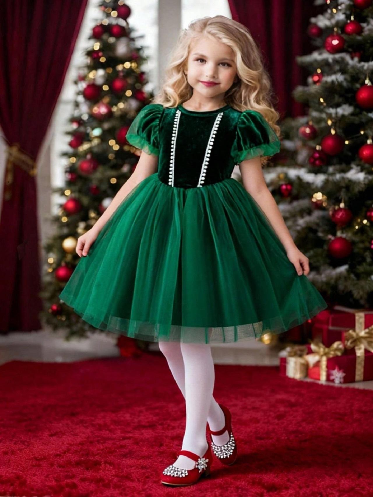 مدل لباس شب یلدا دخترانه سبز مخمل توری