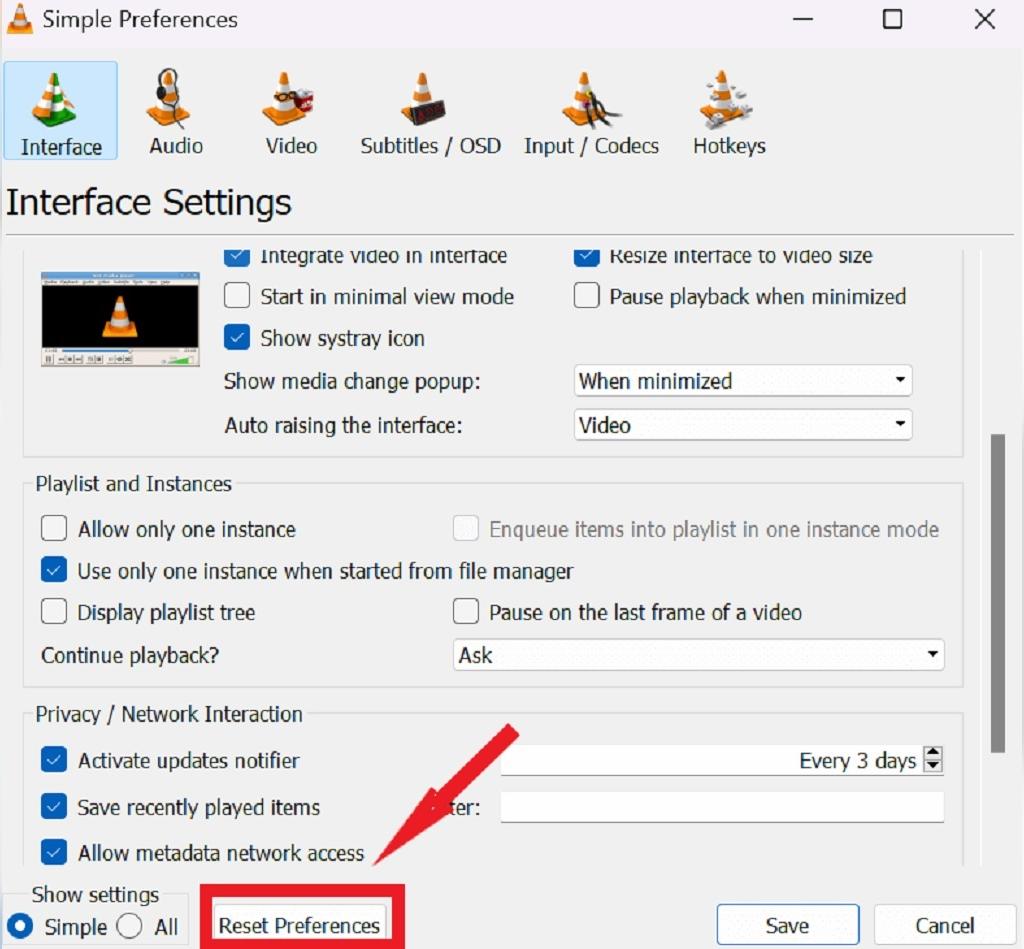 ریست کردن تنظیمات برگزیده در VLC Media Player