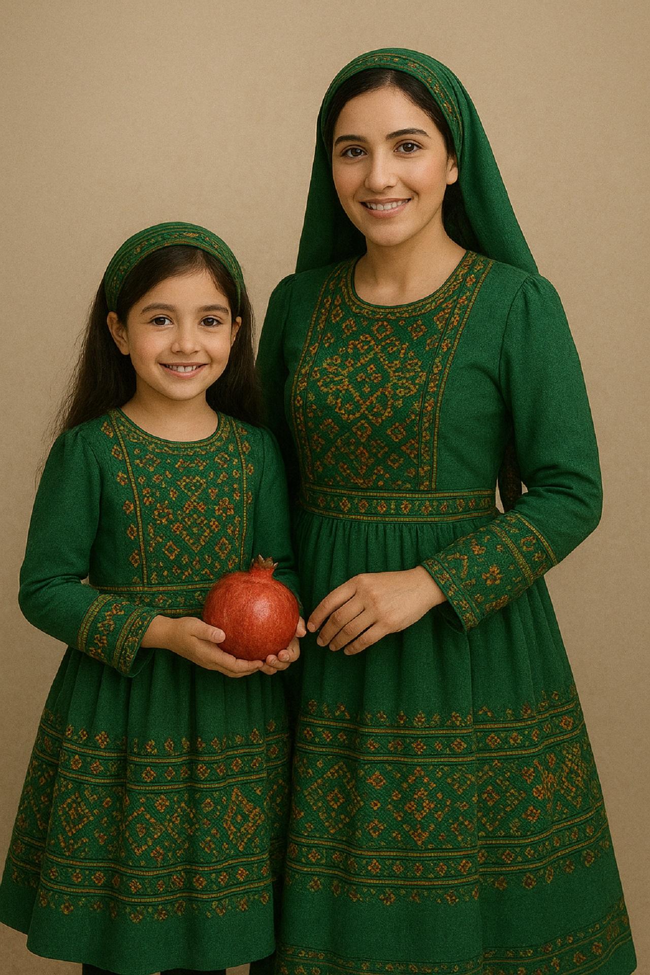 لباس ست یلدایی مادر و دختری سنتی سبز