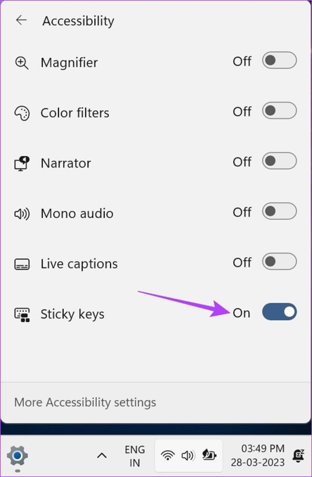 غیرفعال کردن  کلیدهای چسبنده در ویندوز 11 با استفاده از تنظیمات سریع