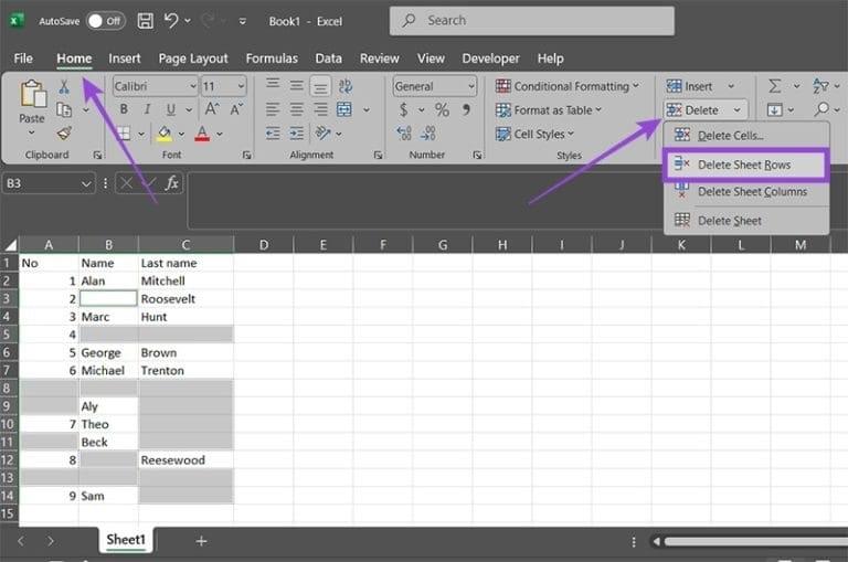حذف ردیف های خالی در excel